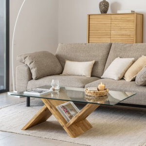 Kave Home Salontafel Waley Eiken met glasplaat, 120 x 70cm